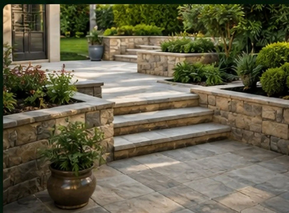Terrasse et maçonnerie paysagère avec marches en pierre et murets